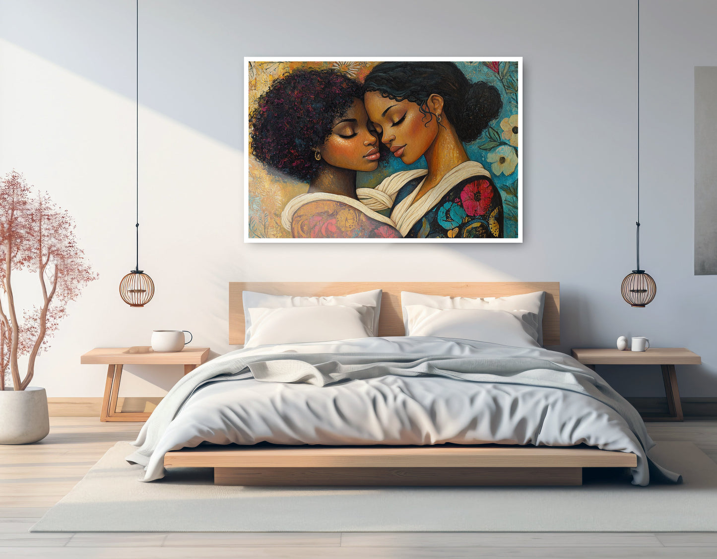Black Lesbian Couple Embrace Black love wall art artwork view