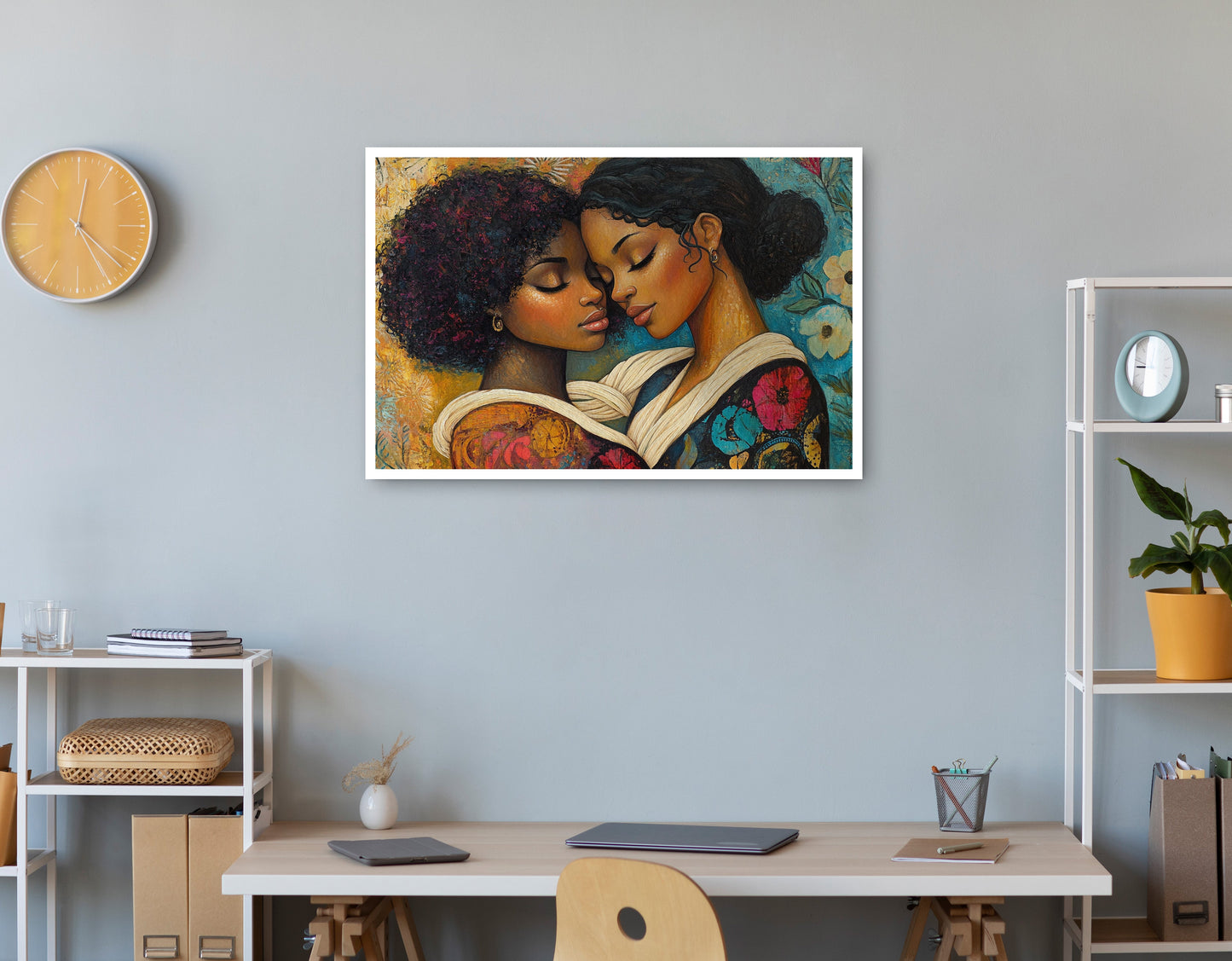 Black Lesbian Couple Embrace Black love wall art print view