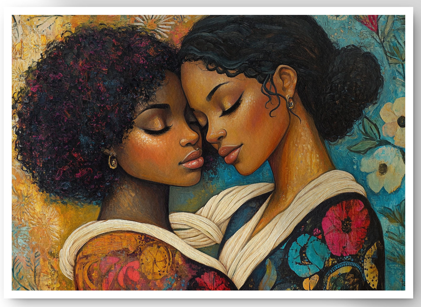 Black Lesbian Couple Embrace Black love wall art canvas print by MoomZee Artwork