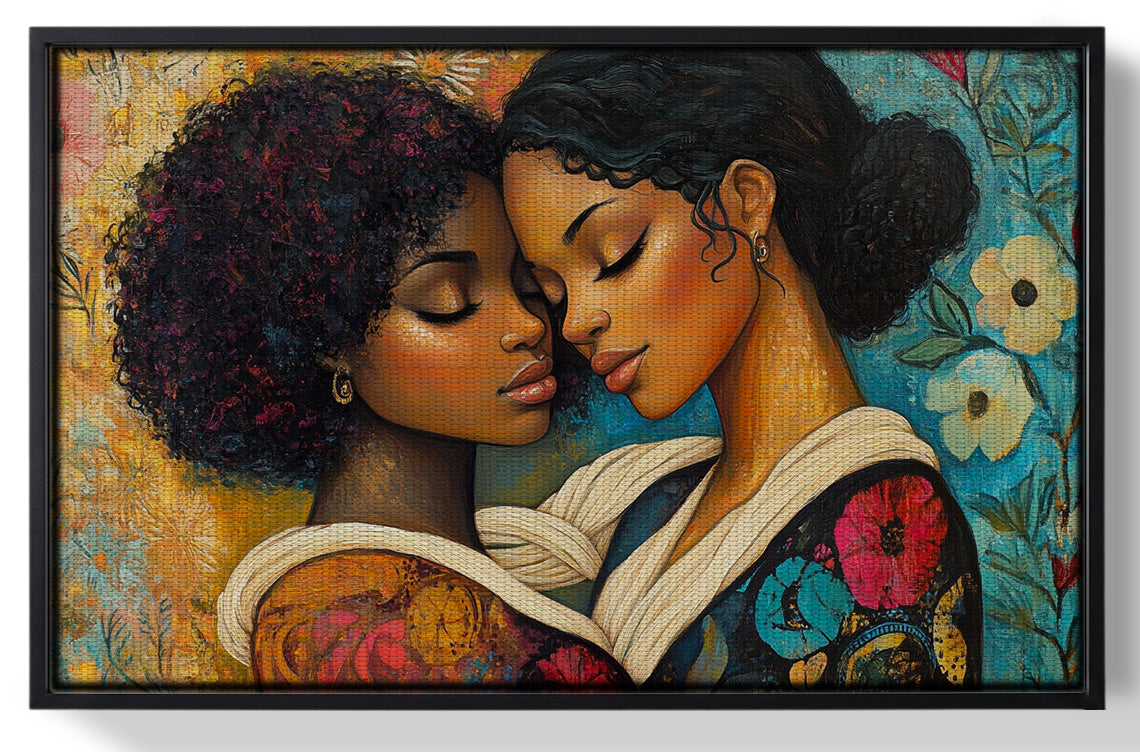 Framed Black Lesbian Couple Embrace Black love wall art for home decor