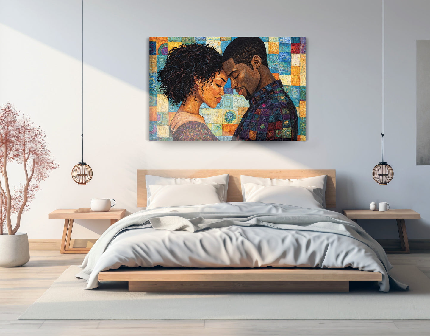 Black Couple Love Portrait Black love wall art displayed as bedroom wall decor