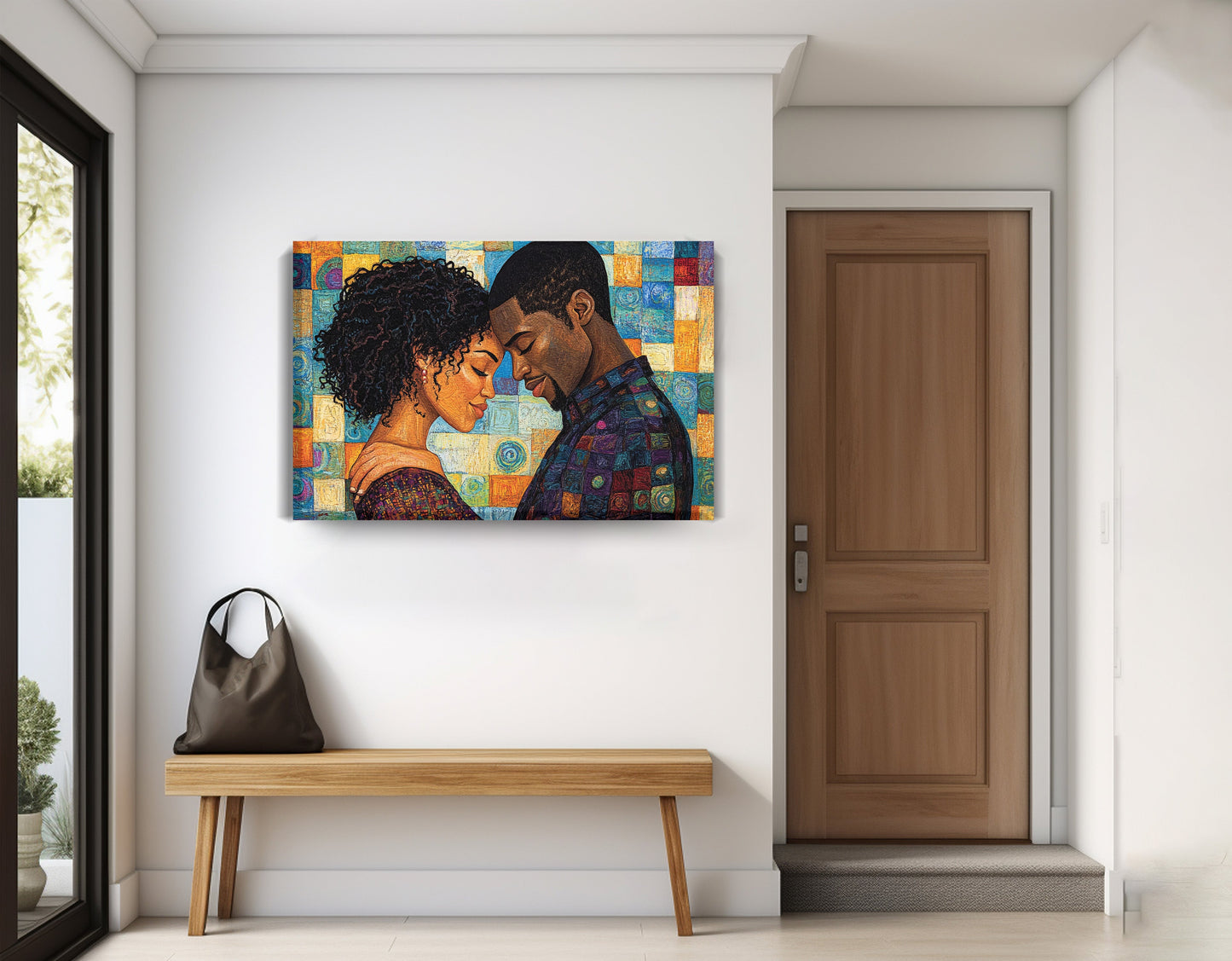 Black Couple Love Portrait Black love wall art displayed as entryway wall decor