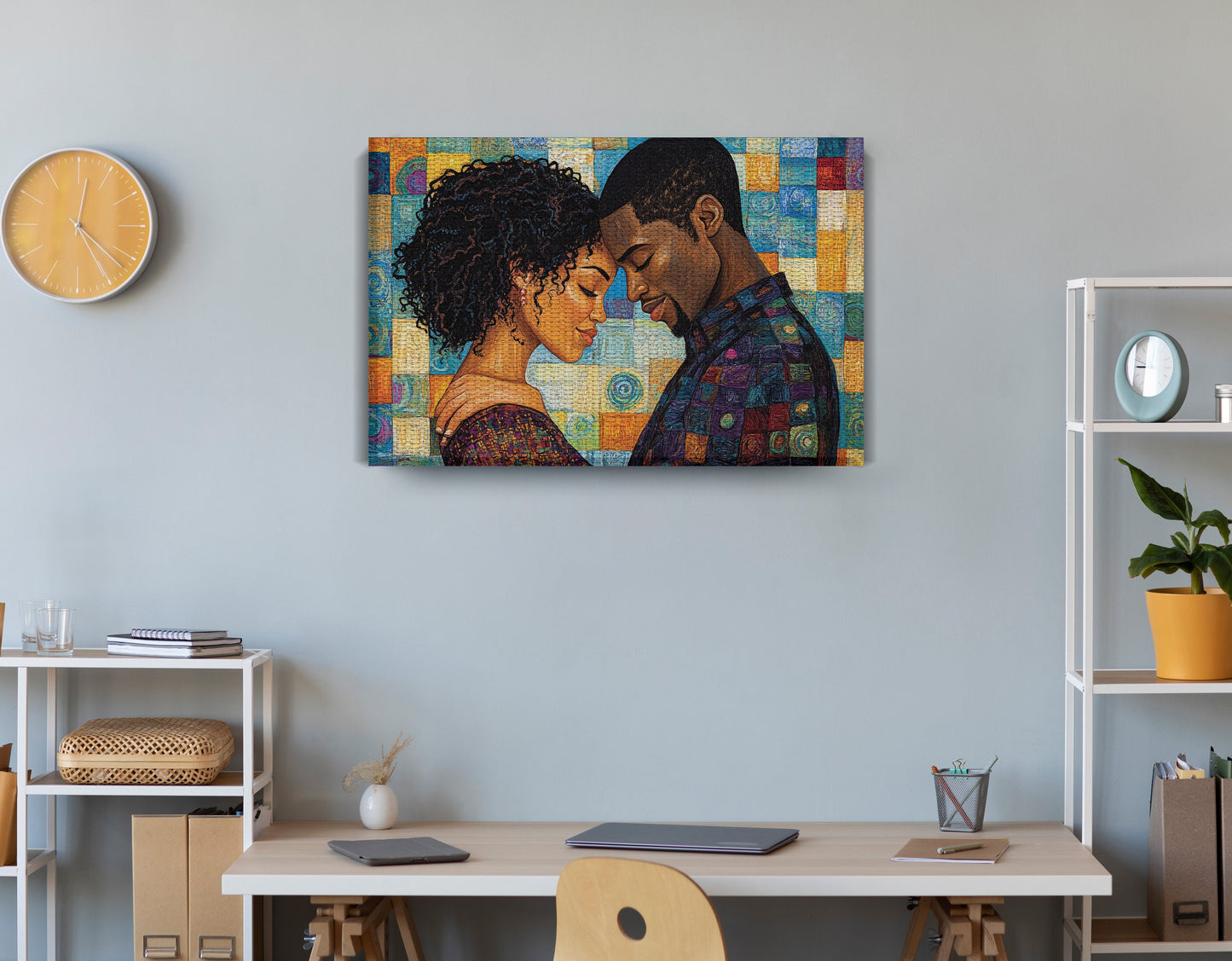 Black Couple Love Portrait Black love wall art displayed as office wall decor