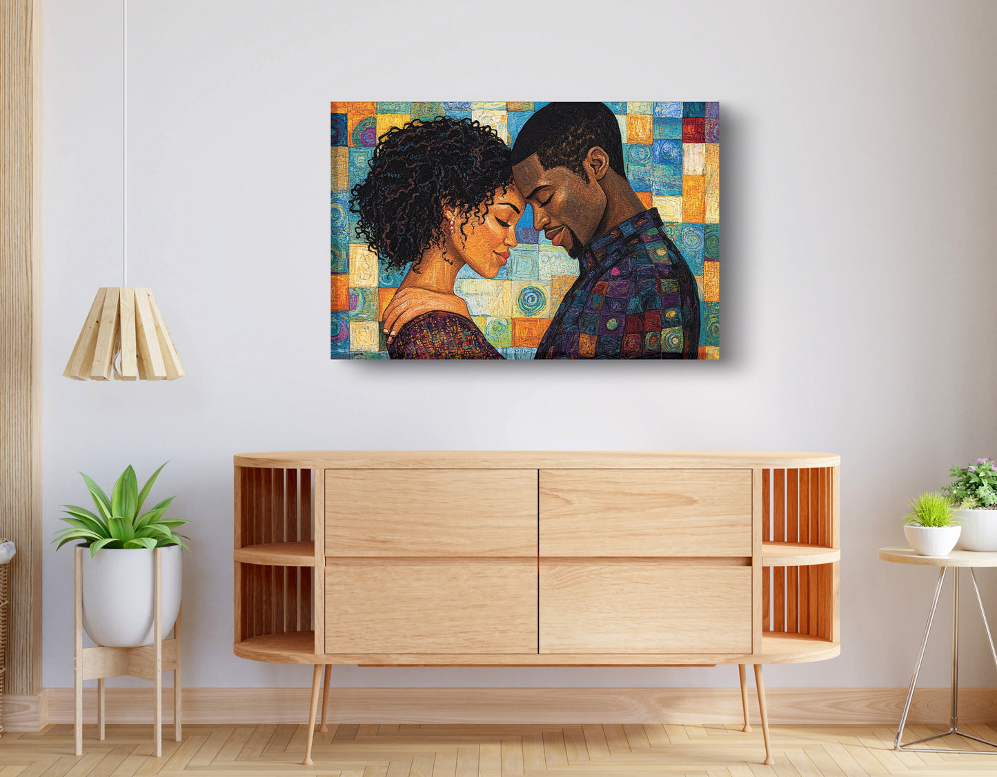 Black Couple Love Portrait Black love wall art displayed as living room wall decor