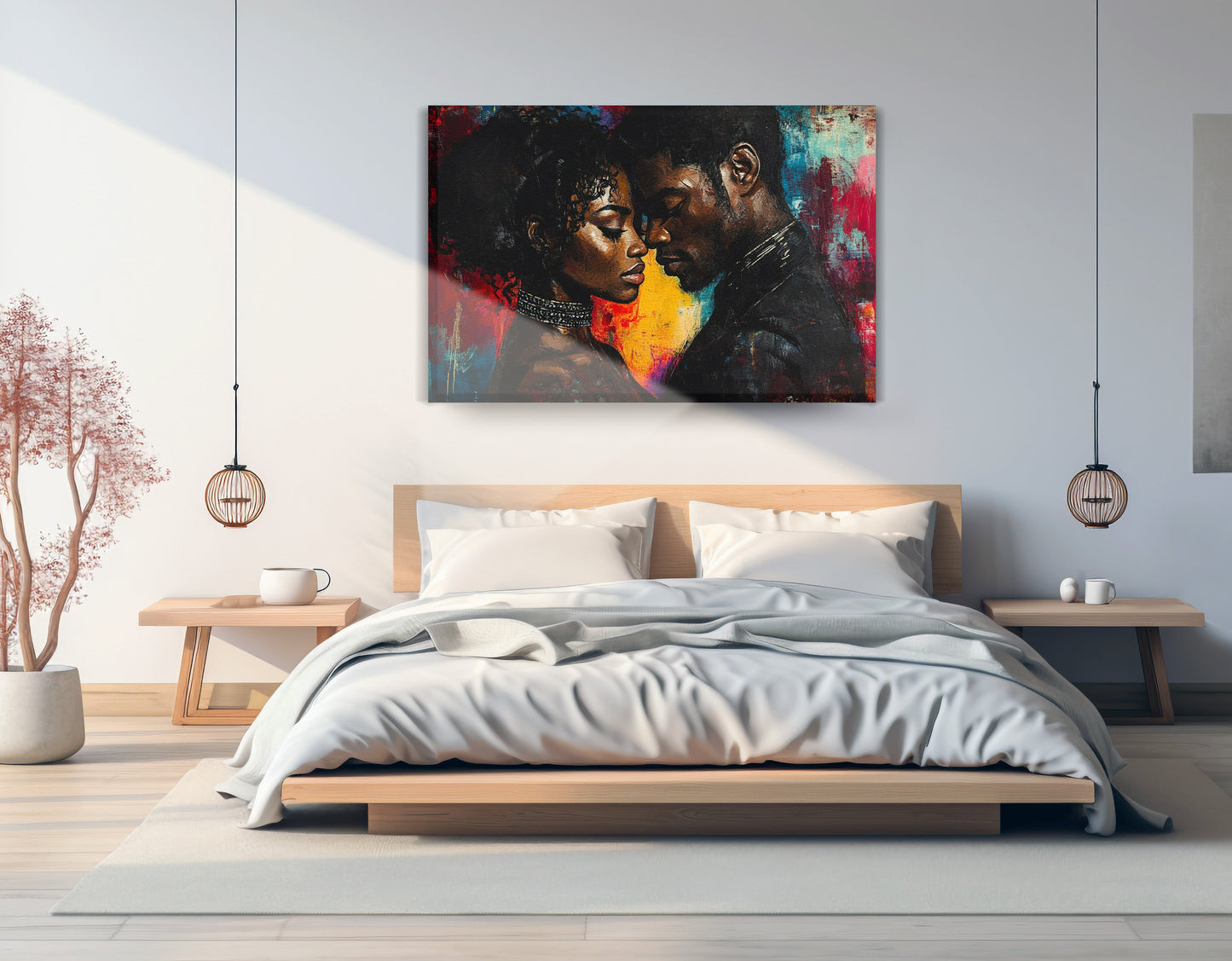 Black Couple Romantic Portrait Black love wall art displayed as bedroom wall decor