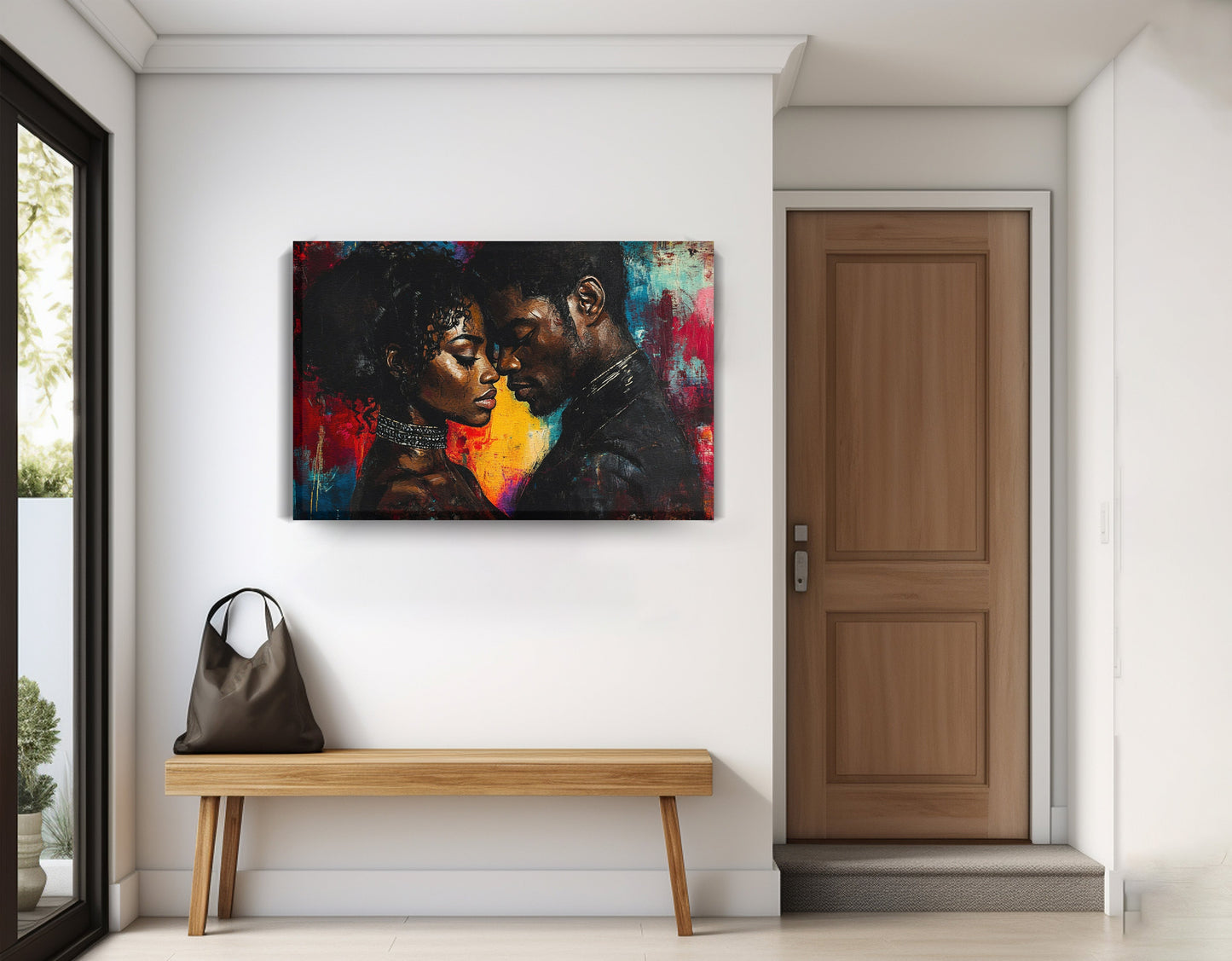 Black Couple Romantic Portrait Black love wall art displayed as entryway wall decor