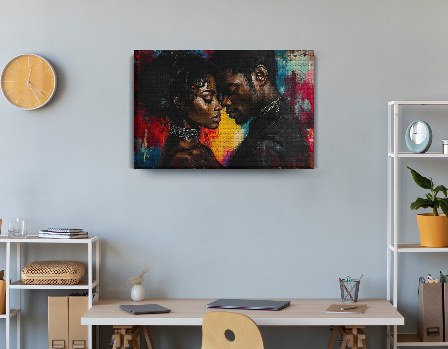 Black Couple Romantic Portrait Black love wall art displayed as office wall decor