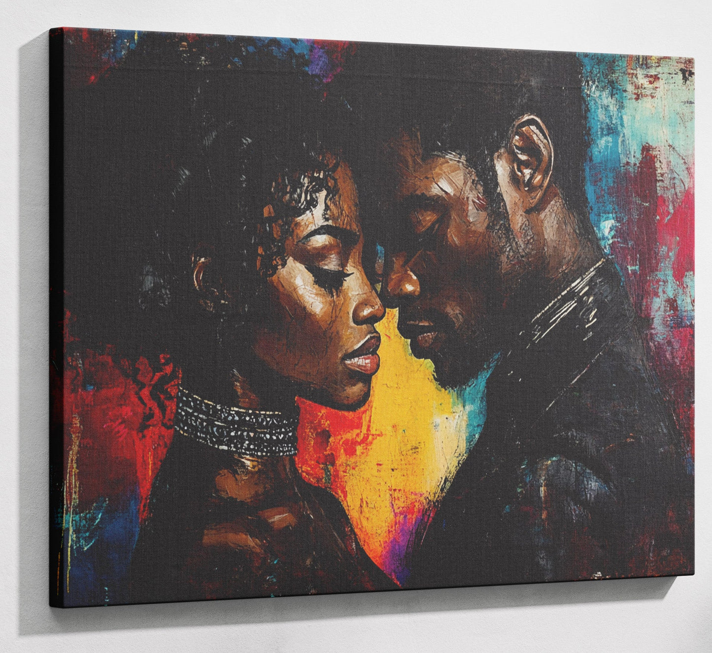 Black Couple Romantic Portrait Black love wall art canvas print with visible wall art format