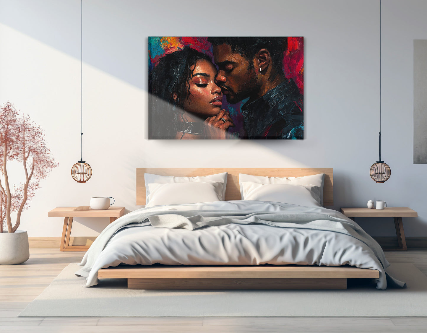 Black Love Couple Portrait Black love wall art displayed as bedroom wall decor