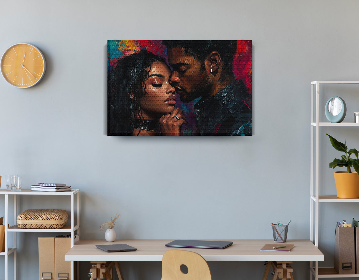 Black Love Couple Portrait Black love wall art displayed as office wall decor