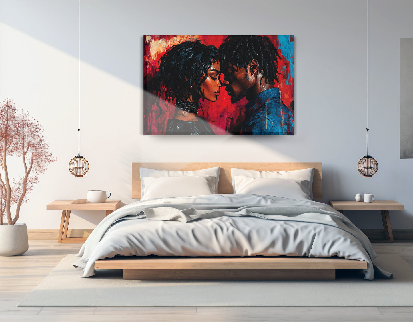 Black Couple Passion Portrait Black love wall art displayed as bedroom wall decor