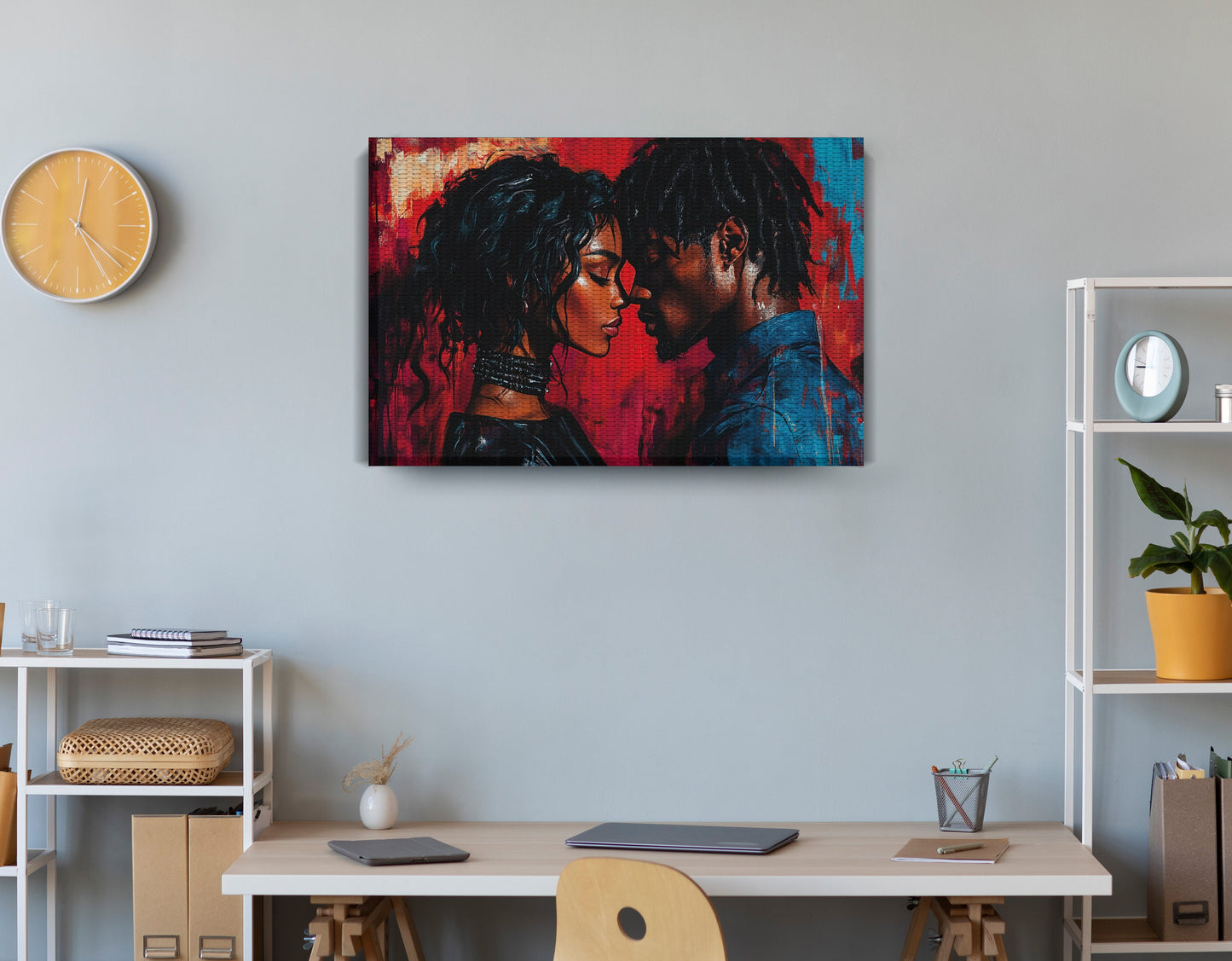 Black Couple Passion Portrait Black love wall art displayed as office wall decor