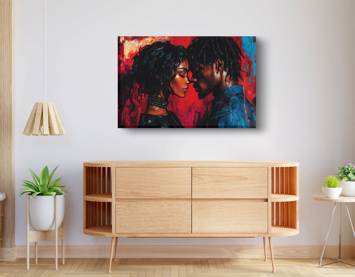 Black Couple Passion Portrait Black love wall art displayed as living room wall decor