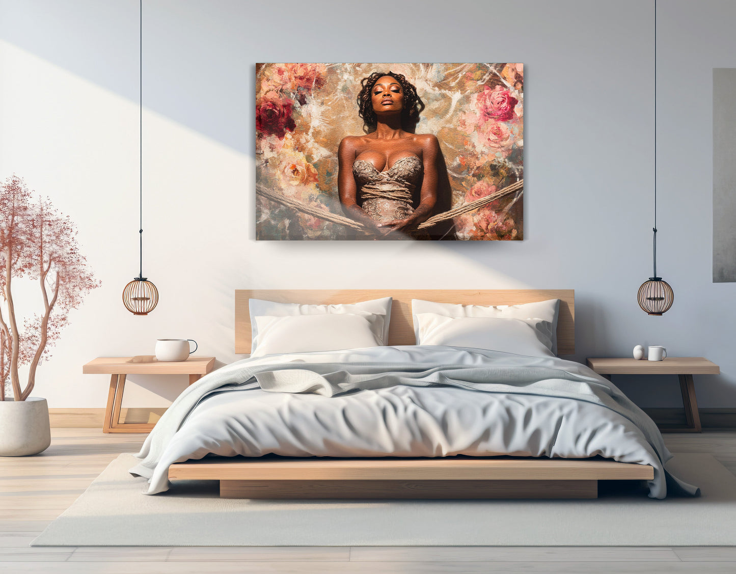 Elegant Black Woman Floral Portrait African American wall art displayed as bedroom wall decor