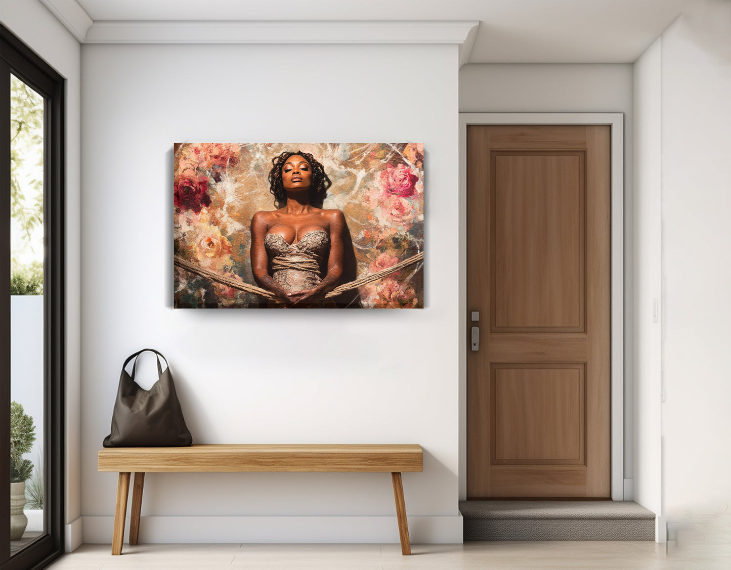 Elegant Black Woman Floral Portrait African American wall art displayed as entryway wall decor