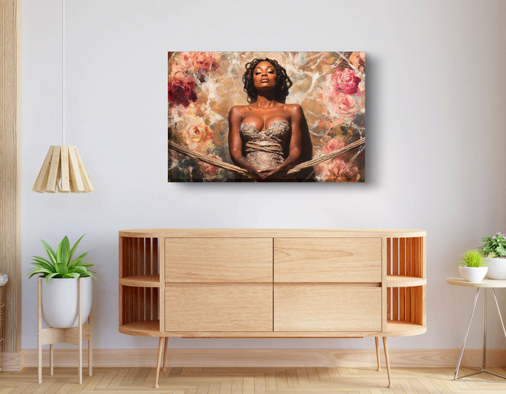 Elegant Black Woman Floral Portrait Wall Art