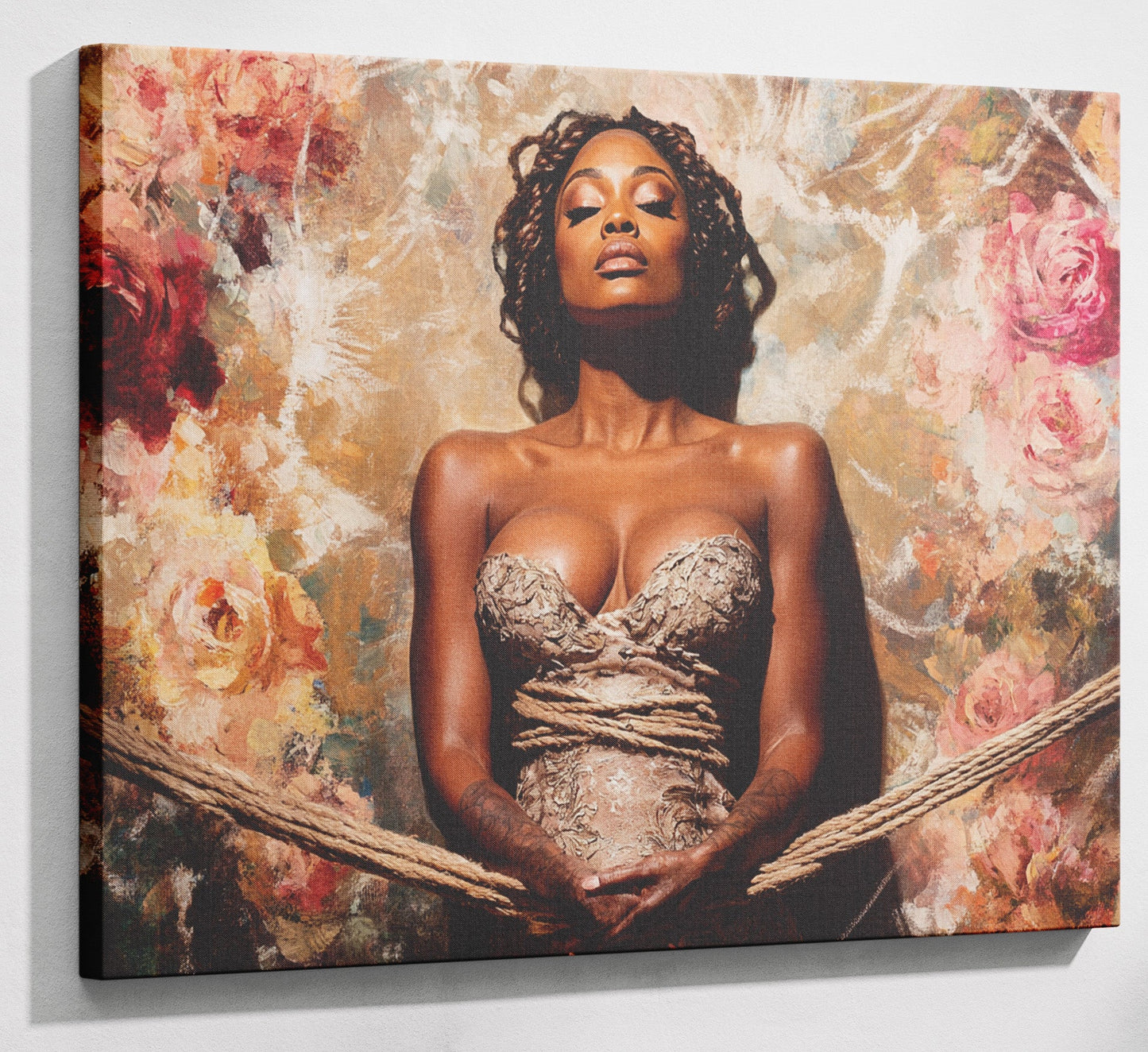 Elegant Black Woman Floral Portrait African American wall art canvas print with visible wall art format