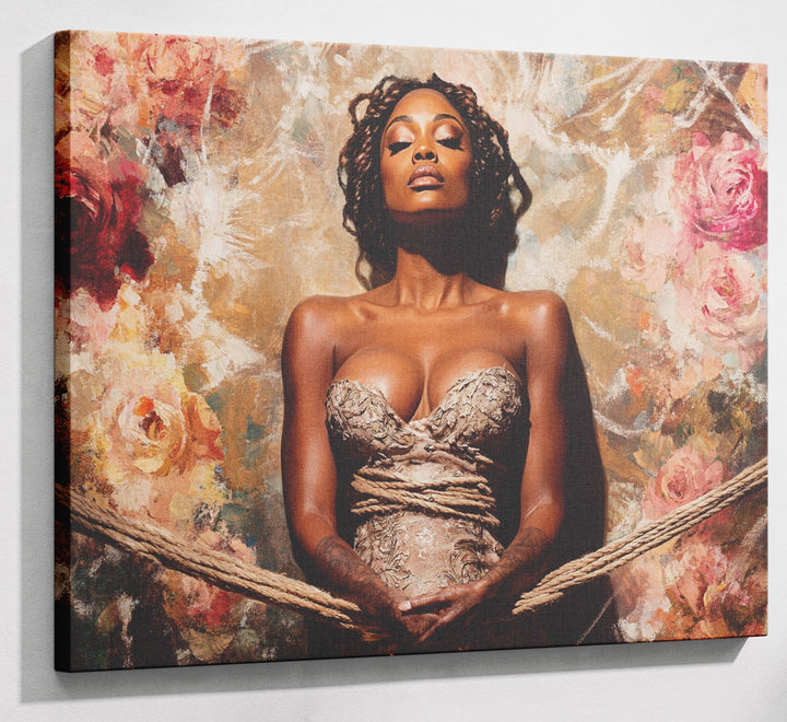 Elegant Black Woman Floral Portrait African American wall art canvas print with visible wall art format