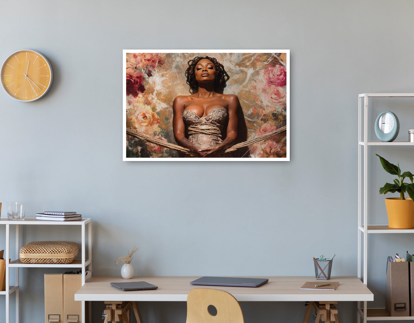 Elegant Black Woman Floral Portrait African American wall art print view