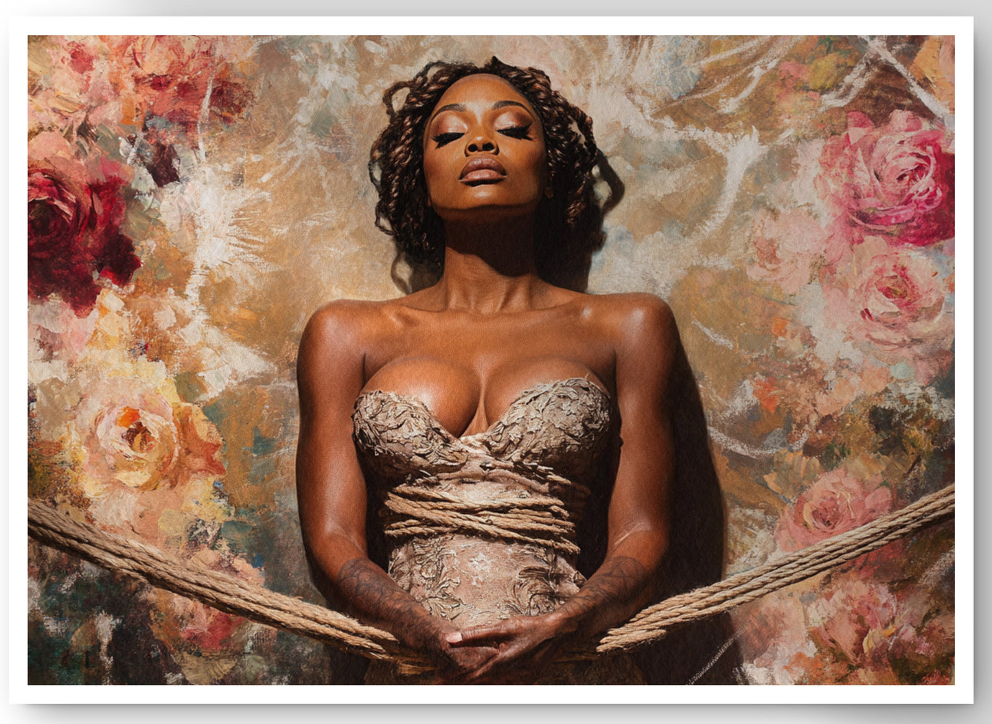Elegant Black Woman Floral Portrait African American wall art canvas print by MoomZee Artwork