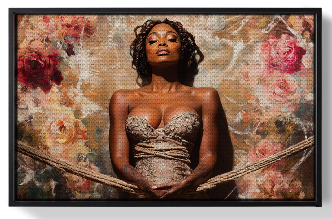 Framed Elegant Black Woman Floral Portrait African American wall art for home decor