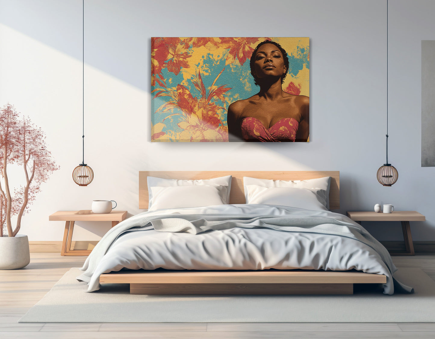 Black Woman Floral Portrait African American wall art displayed as bedroom wall decor