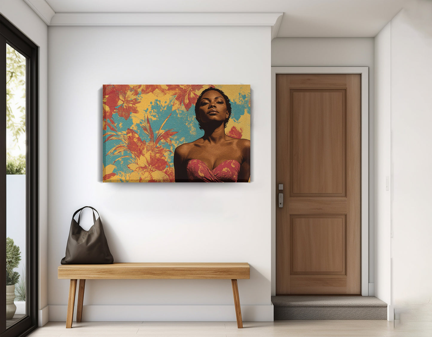 Black Woman Floral Portrait African American wall art displayed as entryway wall decor