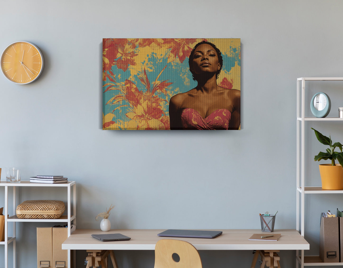 Black Woman Floral Portrait African American wall art displayed as office wall decor