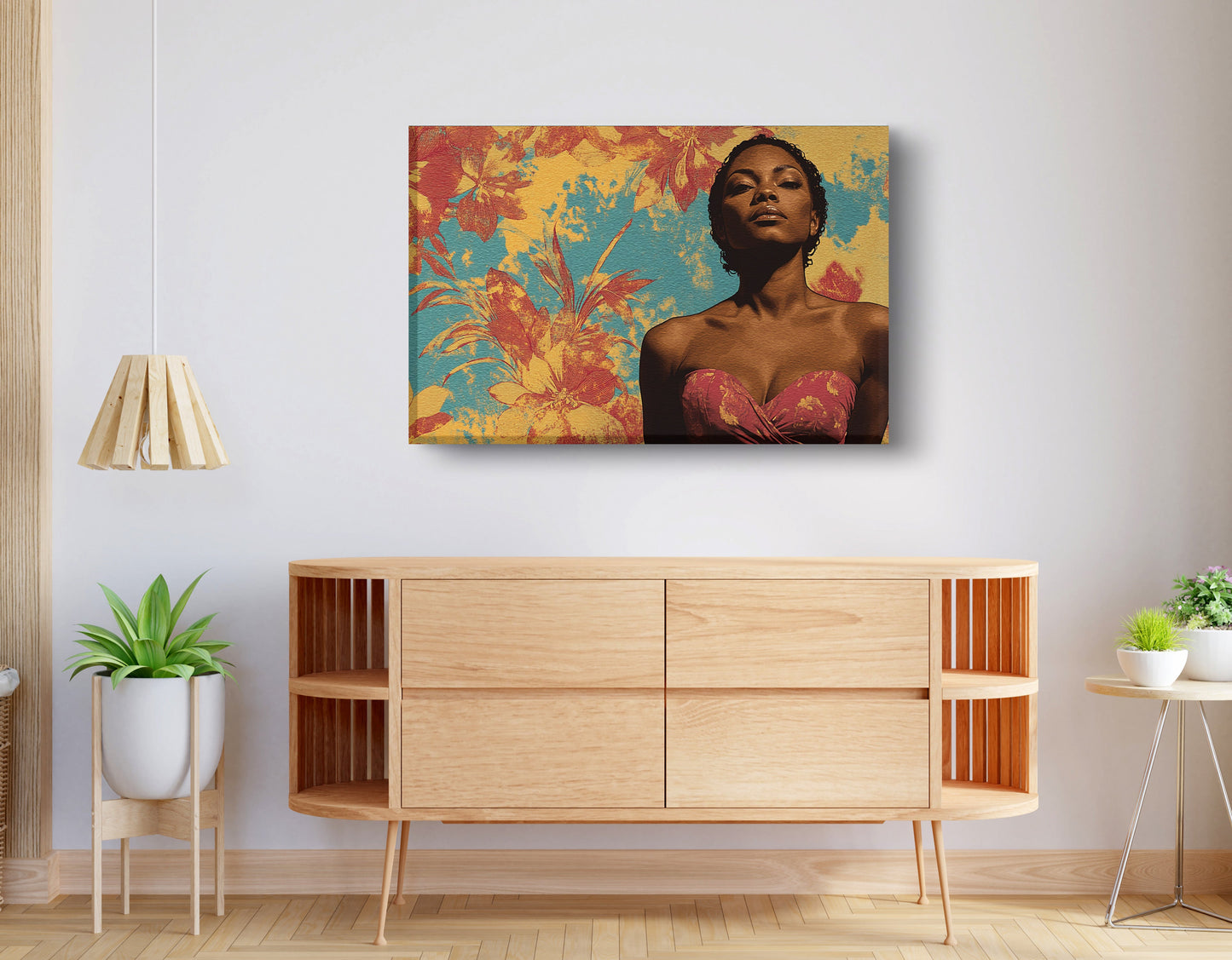 Black Woman Floral Portrait African American wall art displayed as living room wall decor