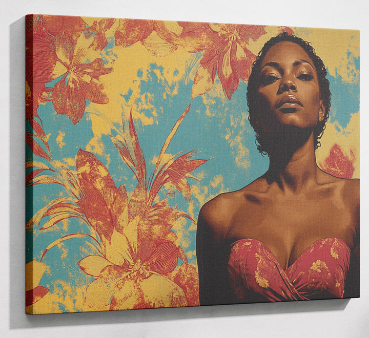 Black Woman Floral Portrait African American wall art canvas print with visible wall art format
