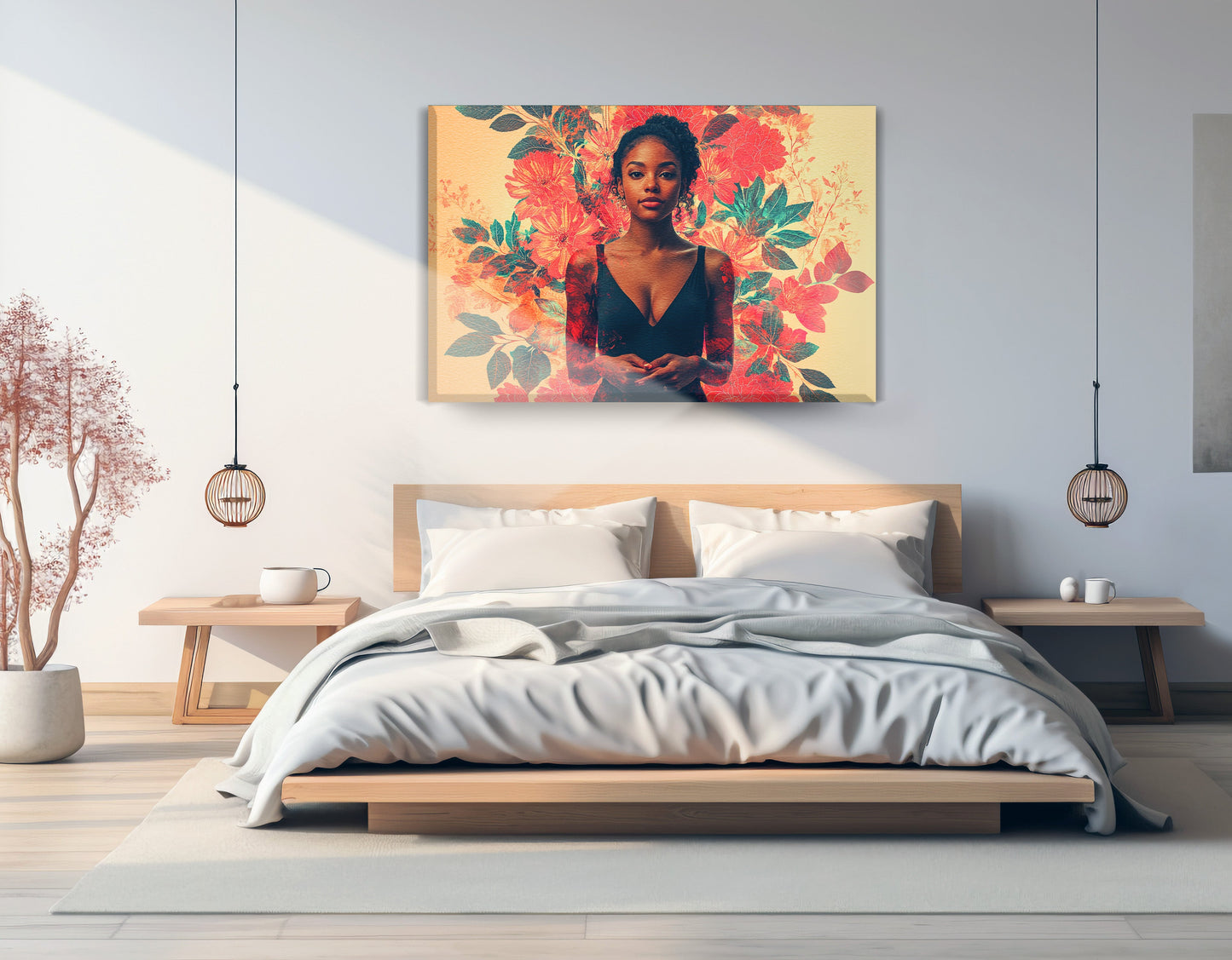 Black Woman Tropical Floral African American wall art displayed as bedroom wall decor