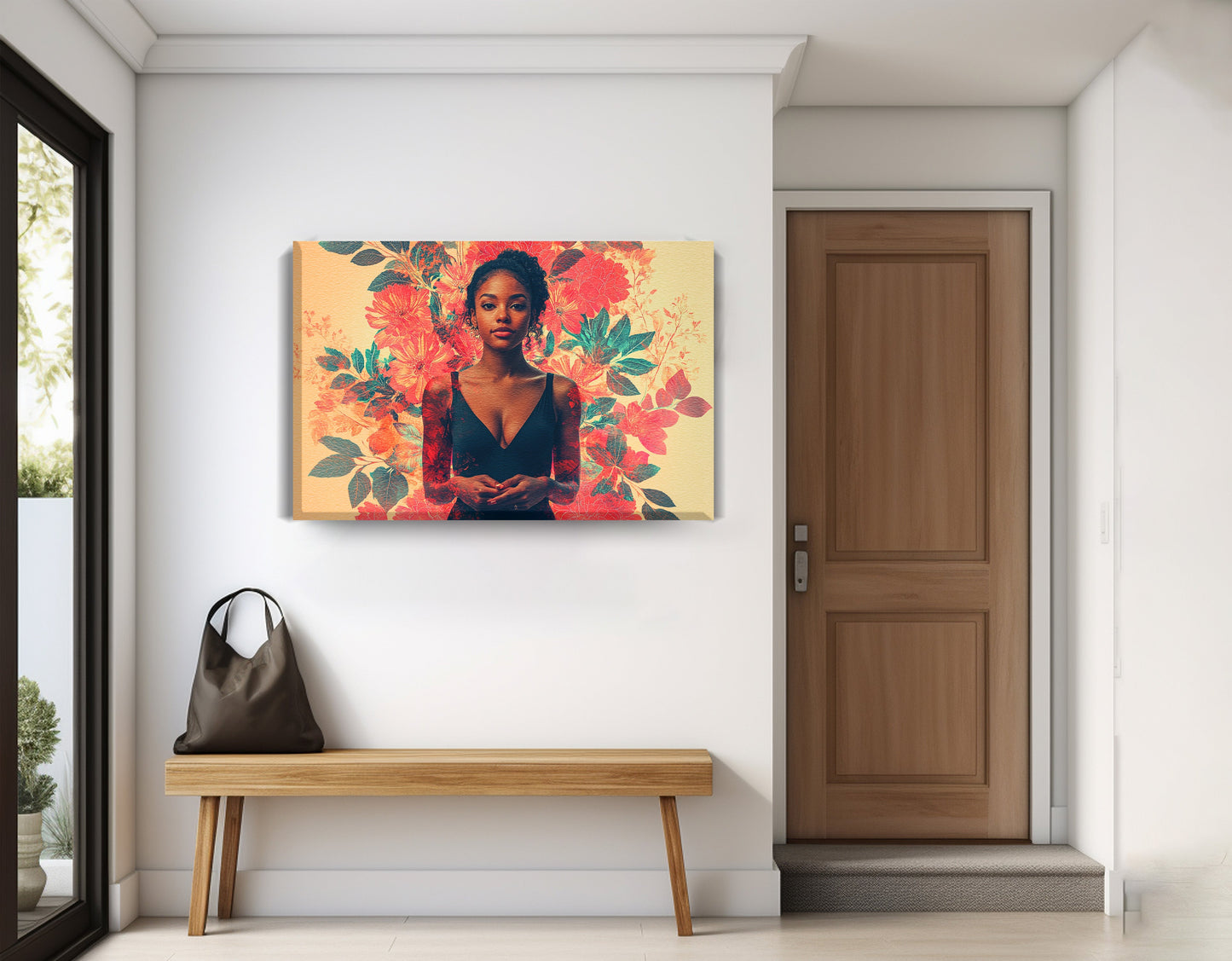 Black Woman Tropical Floral African American wall art displayed as entryway wall decor