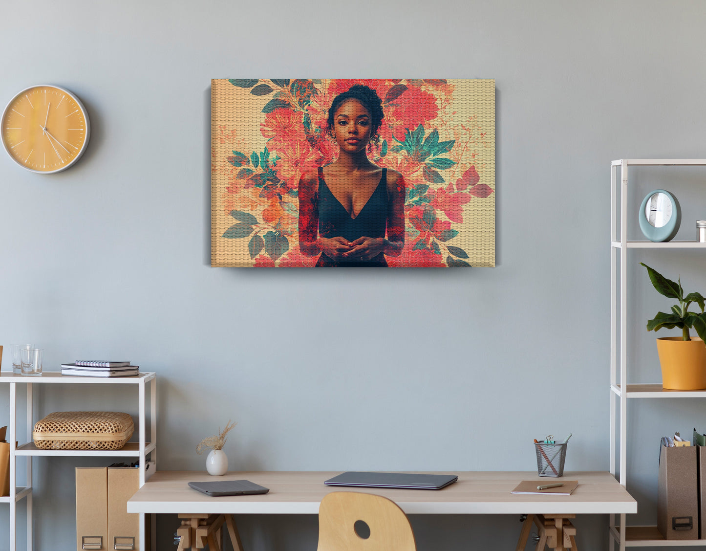 Black Woman Tropical Floral African American wall art displayed as office wall decor
