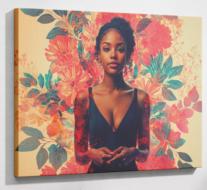 Black Woman Tropical Floral African American wall art canvas print with visible wall art format
