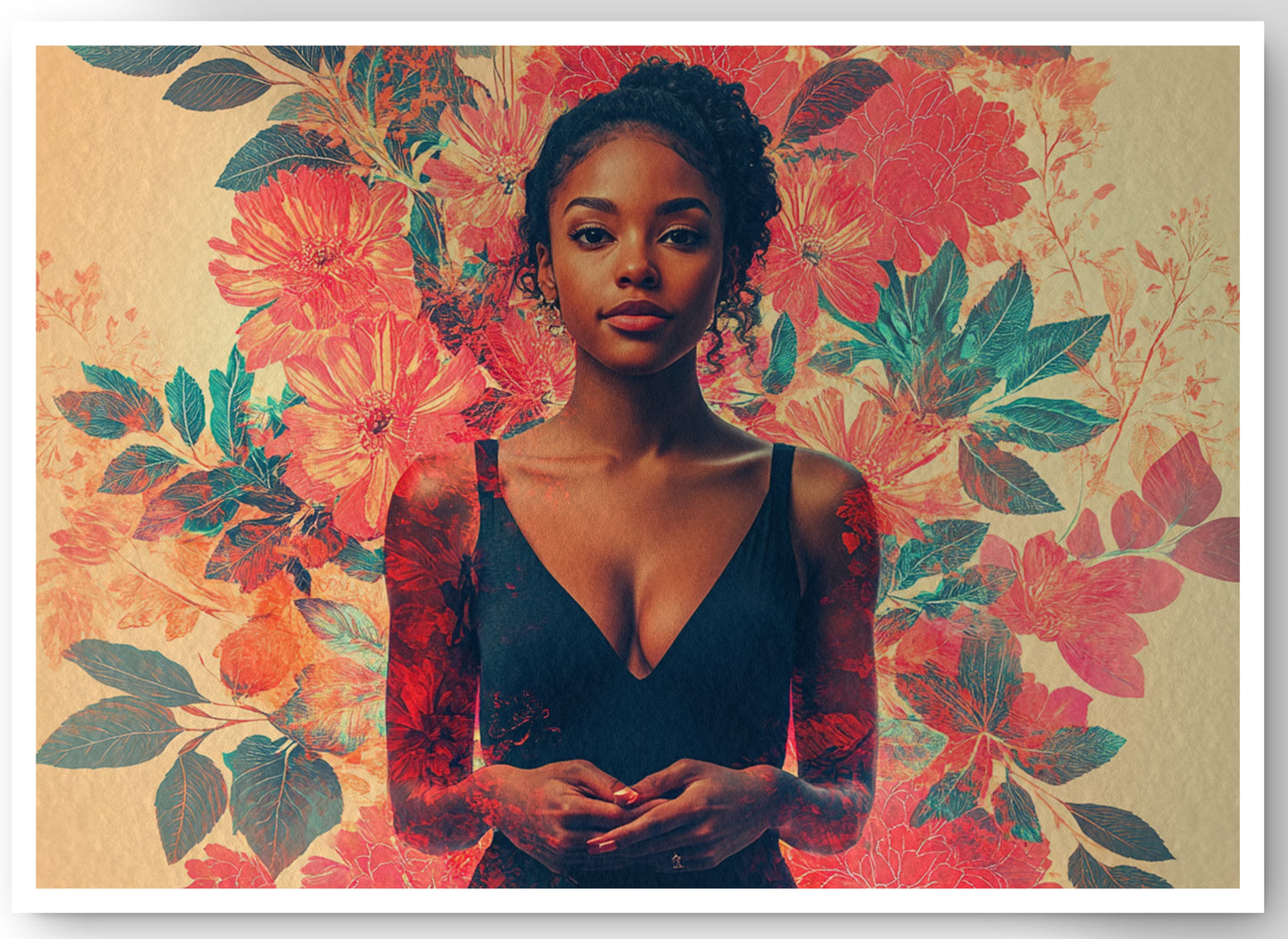 Black Woman Tropical Floral African American wall art canvas print by MoomZee Artwork