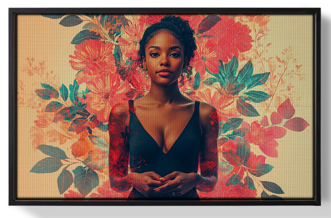 Framed Black Woman Tropical Floral African American wall art for home decor