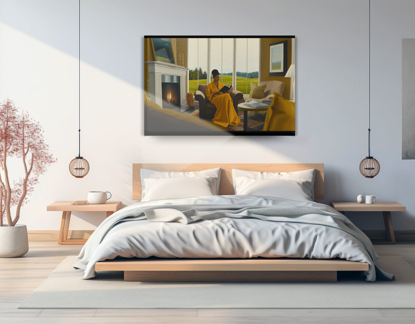Black Woman Reading by Fireplace African American wall art displayed as bedroom wall decor