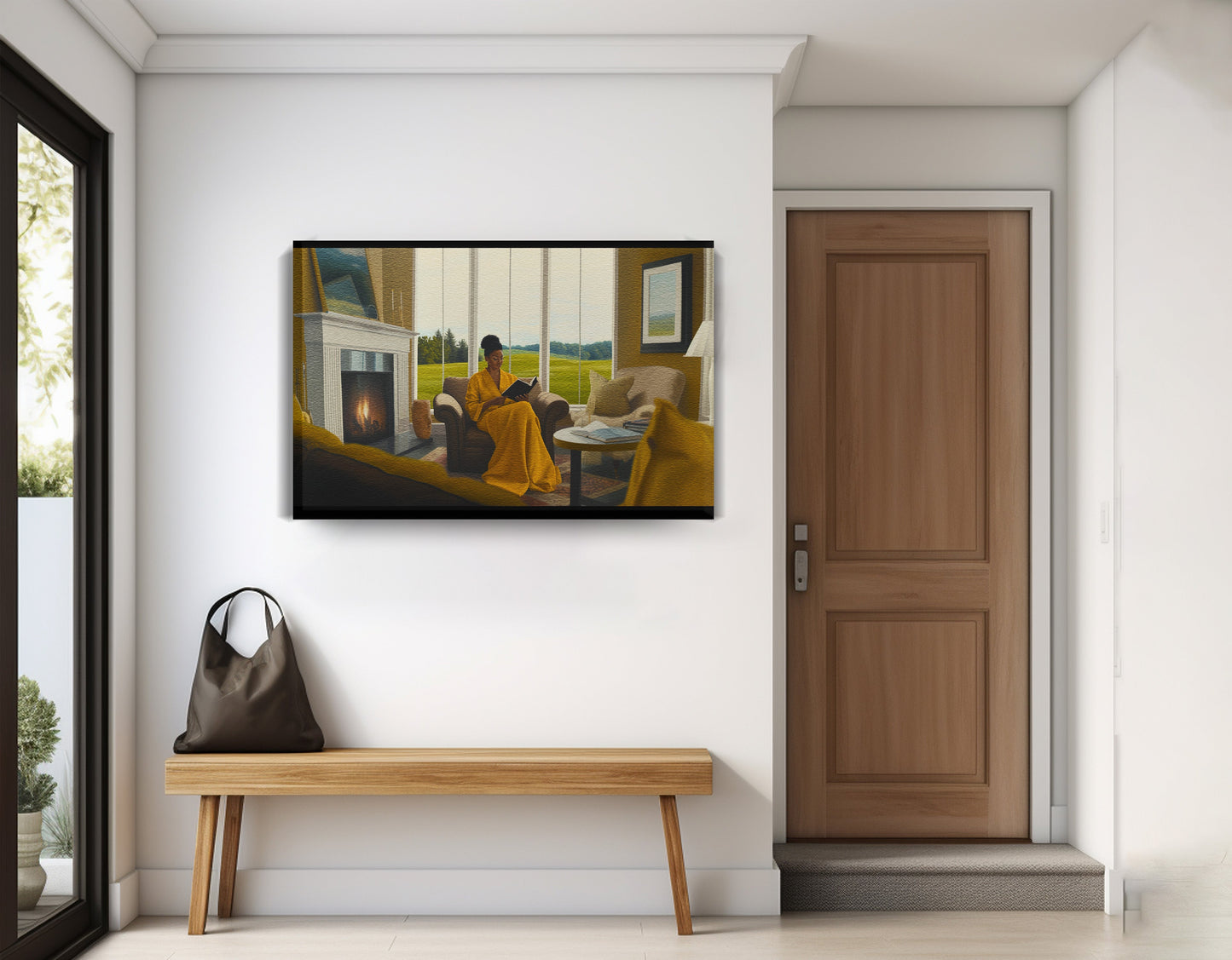 Black Woman Reading by Fireplace African American wall art displayed as entryway wall decor
