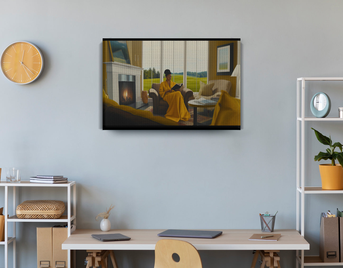Black Woman Reading by Fireplace African American wall art displayed as office wall decor