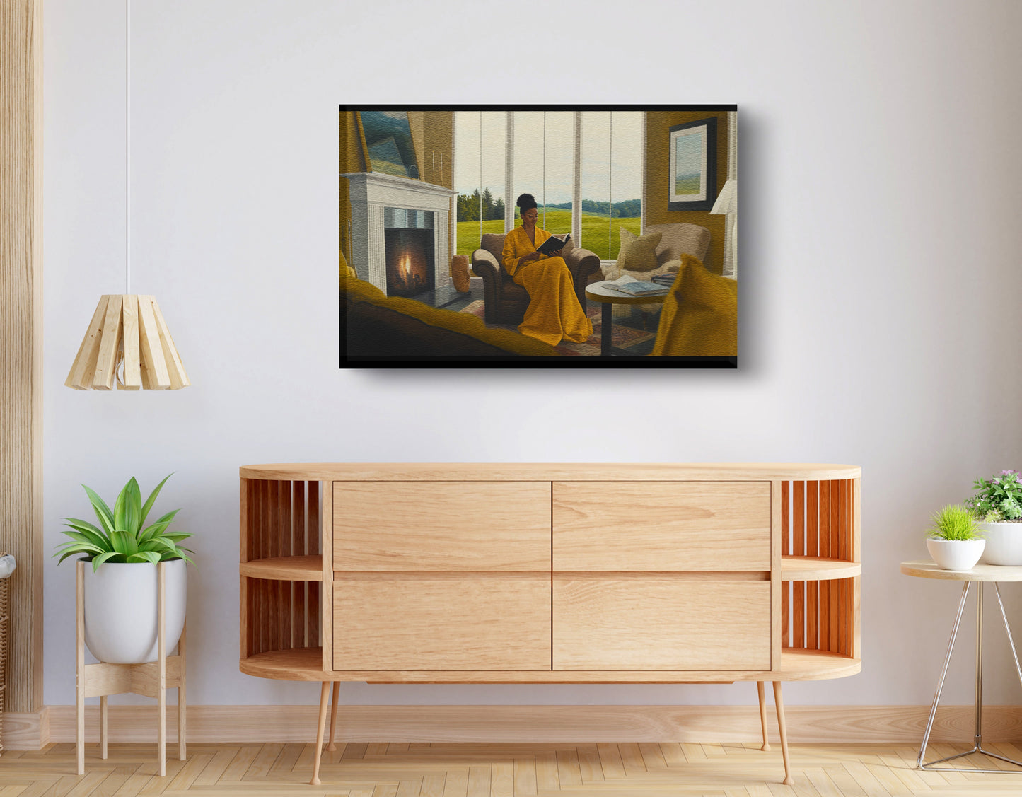 Black Woman Reading by Fireplace African American wall art displayed as living room wall decor