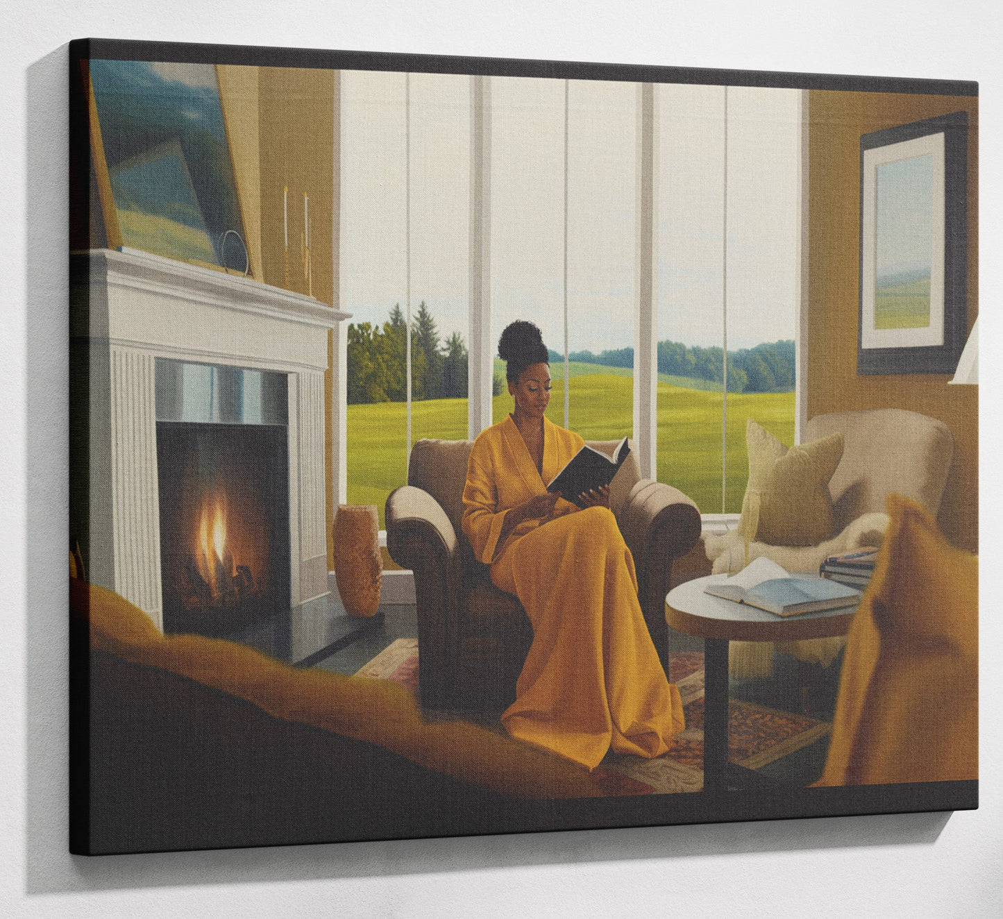 Black Woman Reading by Fireplace African American wall art canvas print with visible wall art format