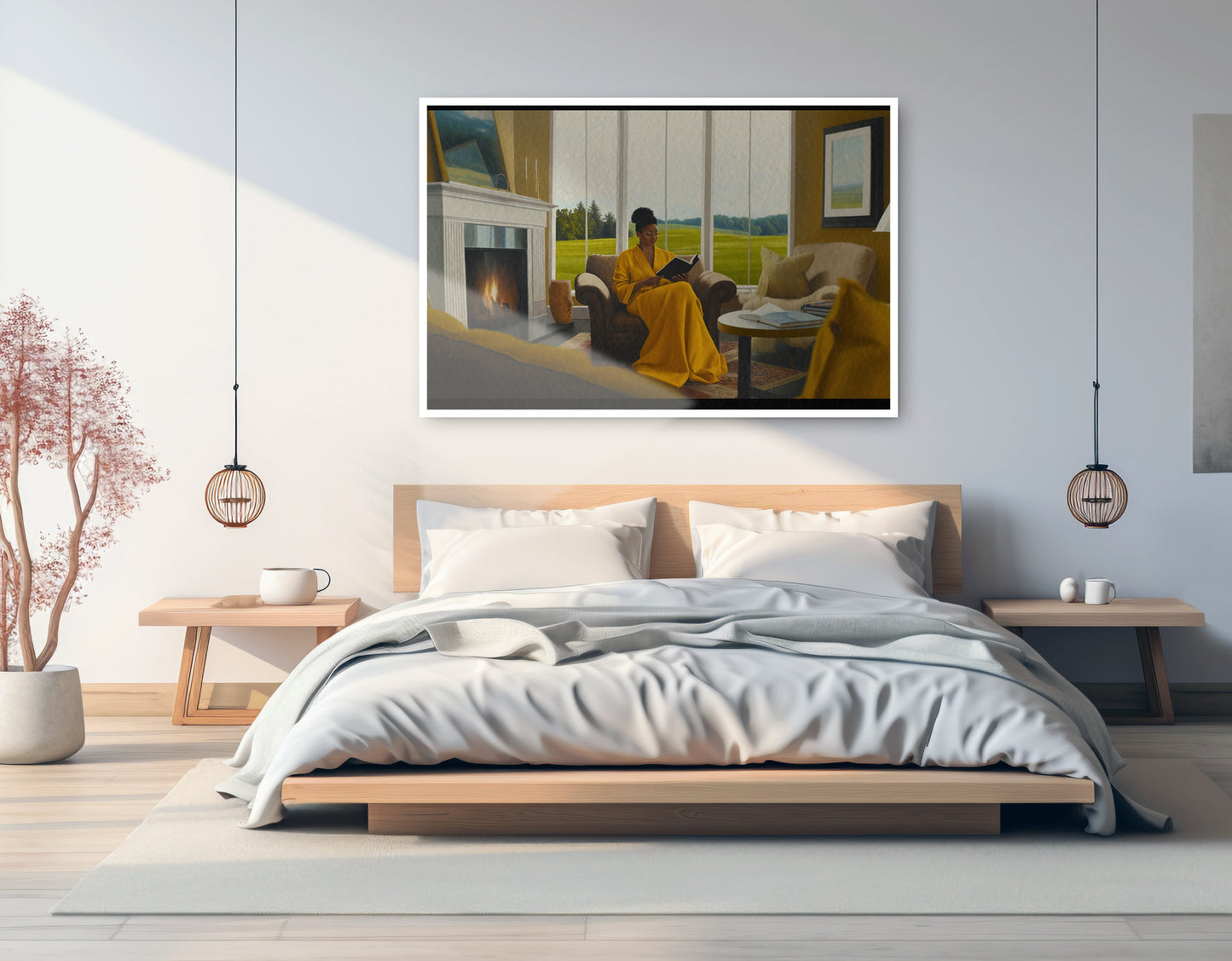 Black Woman Reading by Fireplace African American wall art artwork view