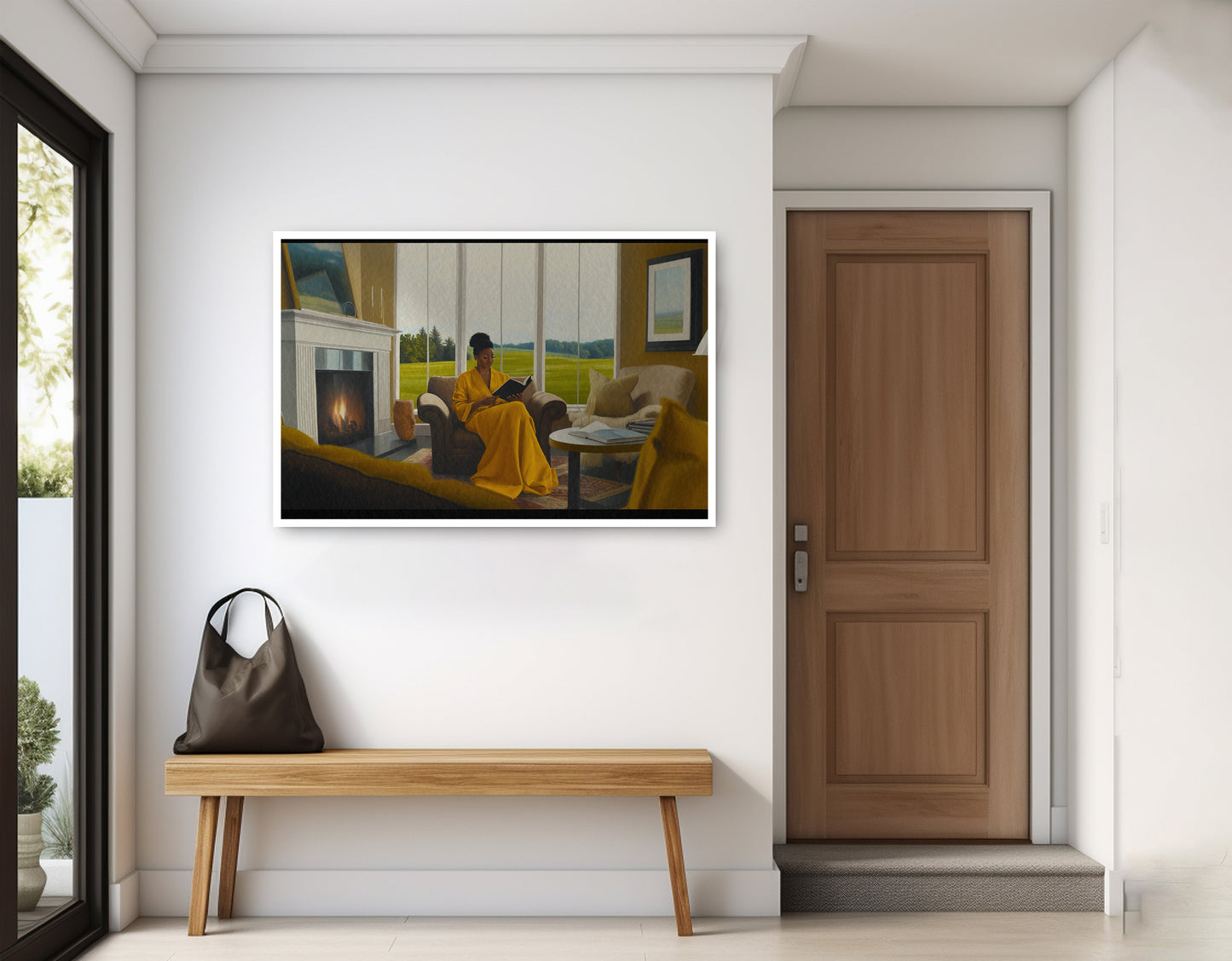 Black Woman Reading by Fireplace African American wall art home decor view