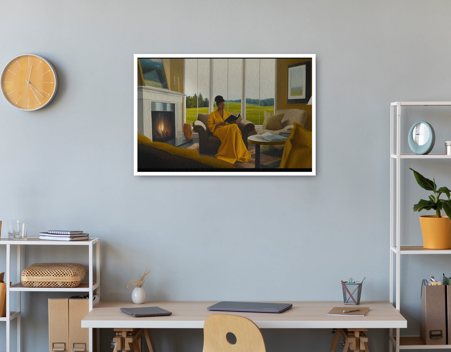 Black Woman Reading by Fireplace African American wall art print view