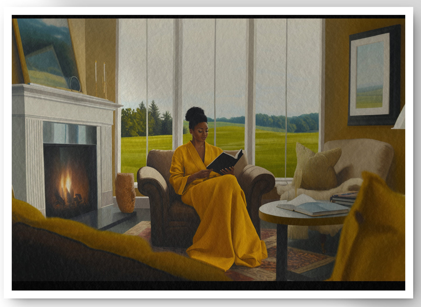 Black Woman Reading by Fireplace African American wall art canvas print by MoomZee Artwork