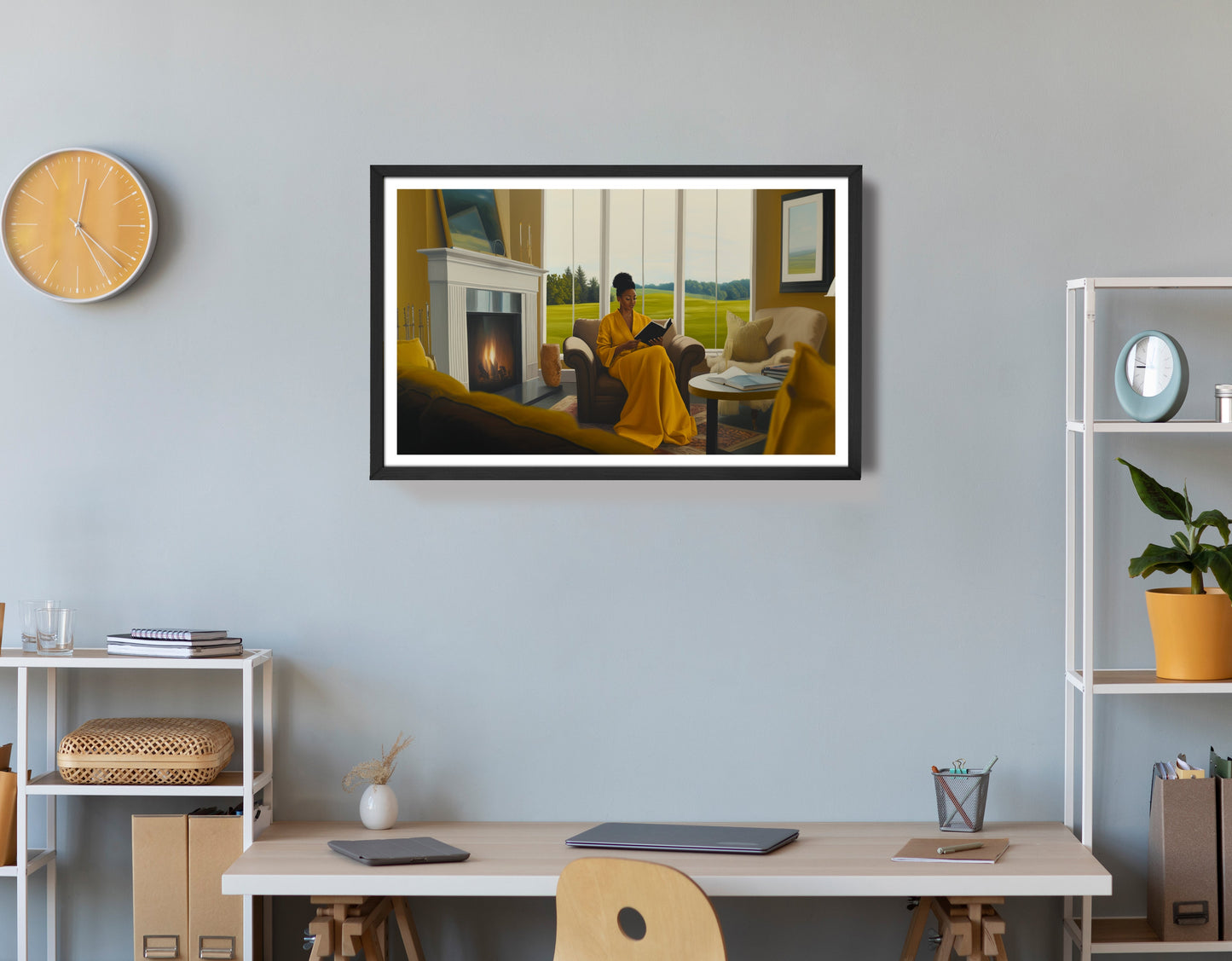 Black Woman Reading by Fireplace African American wall art view 72