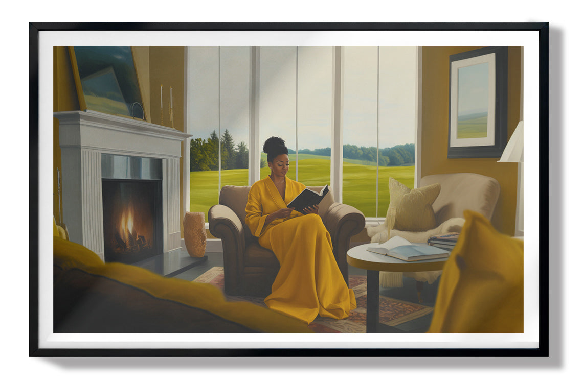 Black Woman Reading by Fireplace African American wall art view 67