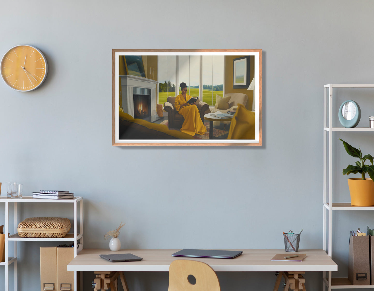 Black Woman Reading by Fireplace African American wall art view 84