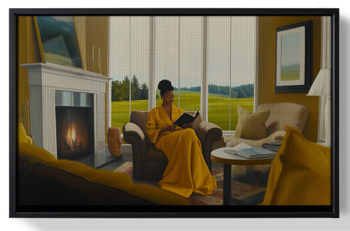 Framed Black Woman Reading by Fireplace African American wall art for home decor