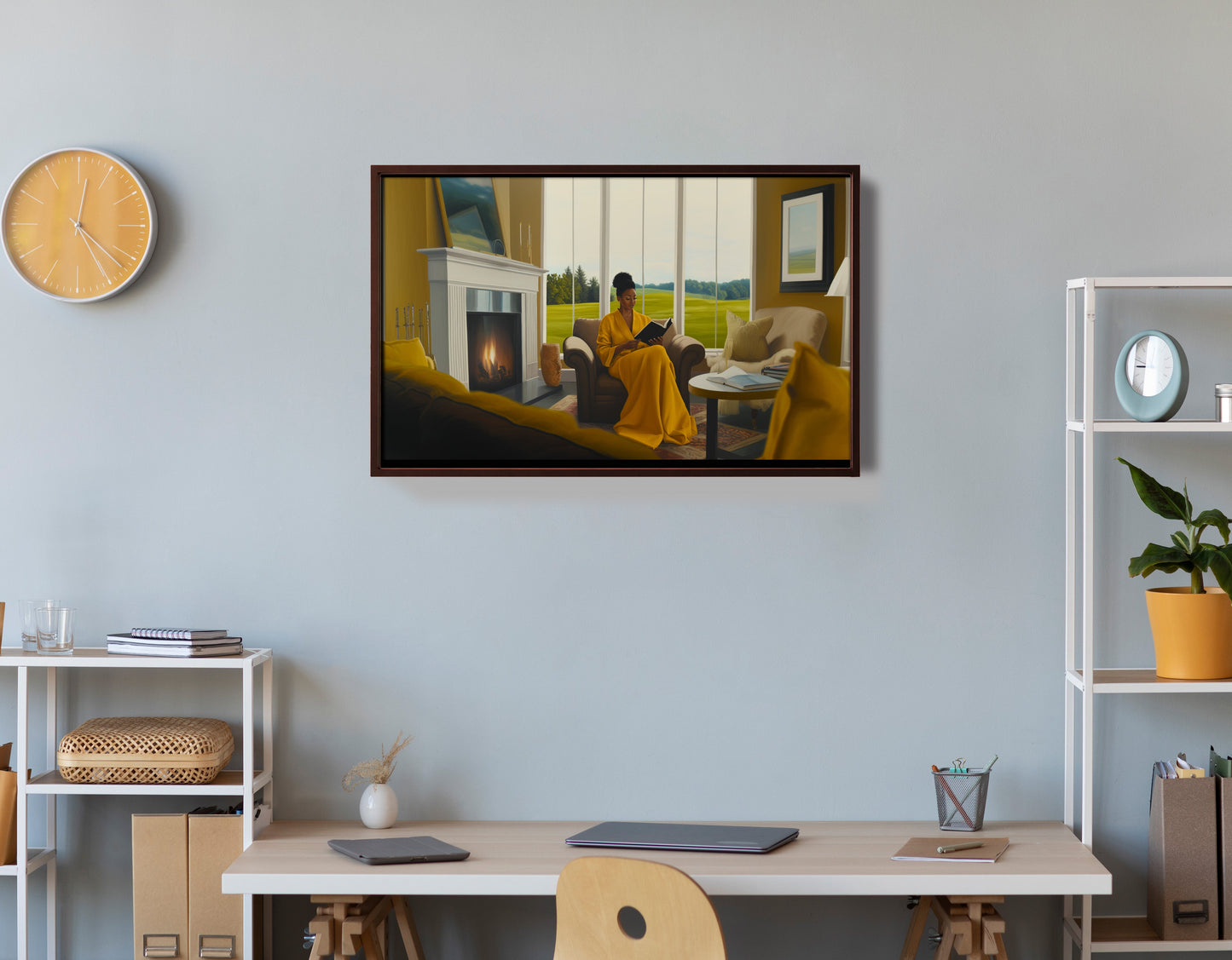 Black Woman Reading by Fireplace African American wall art view 36